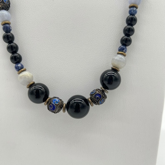 Vintage Black Onyx & Blue Cloisonné Bead Necklace 30" Clasp Stamped Silver - Picture 2 of 8